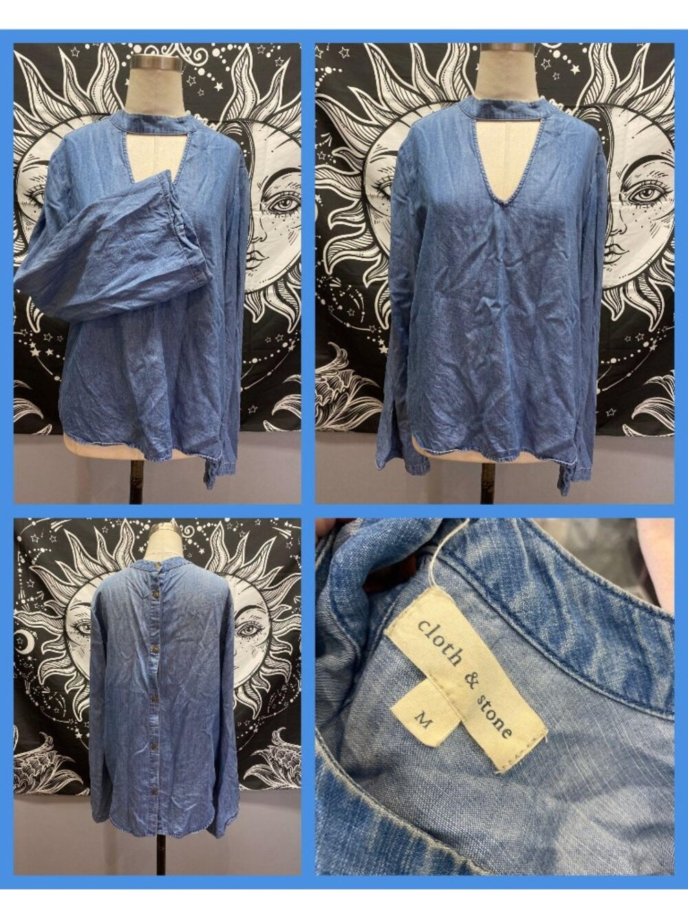 Cloth & Stone Cutout Choker Chambray blouse shirt sz Med